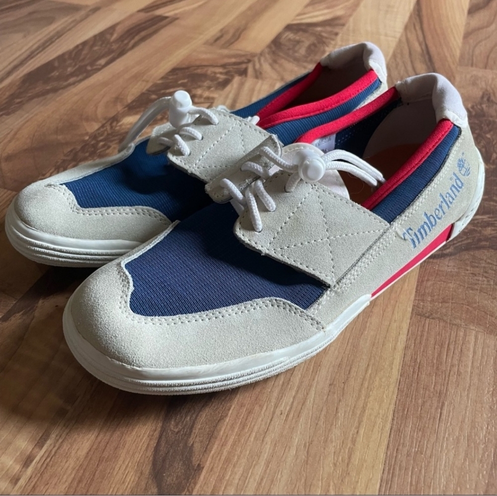 Timberland Canvas Casual Loafers Red Blue Tan Shoes Sneakers Size 7